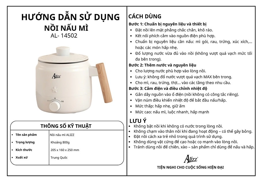 Nồi nấu cháo mì hấp trứng đa năng mini Alizz AL-14502