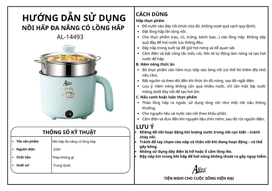 Nồi hấp, nấu đa năng mini Alizz AL-14493