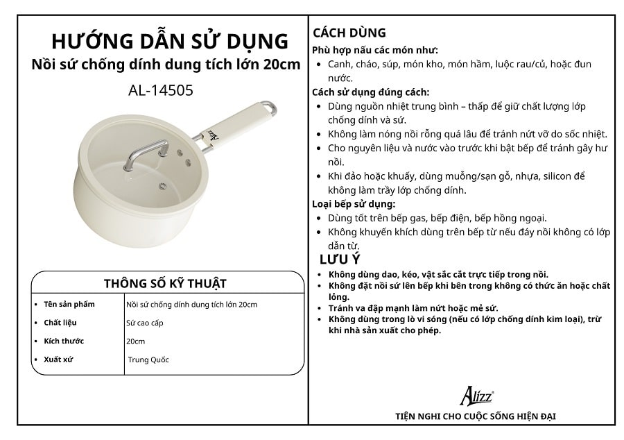 Nồi sứ men chống dính 20cm Alizz AL-14505