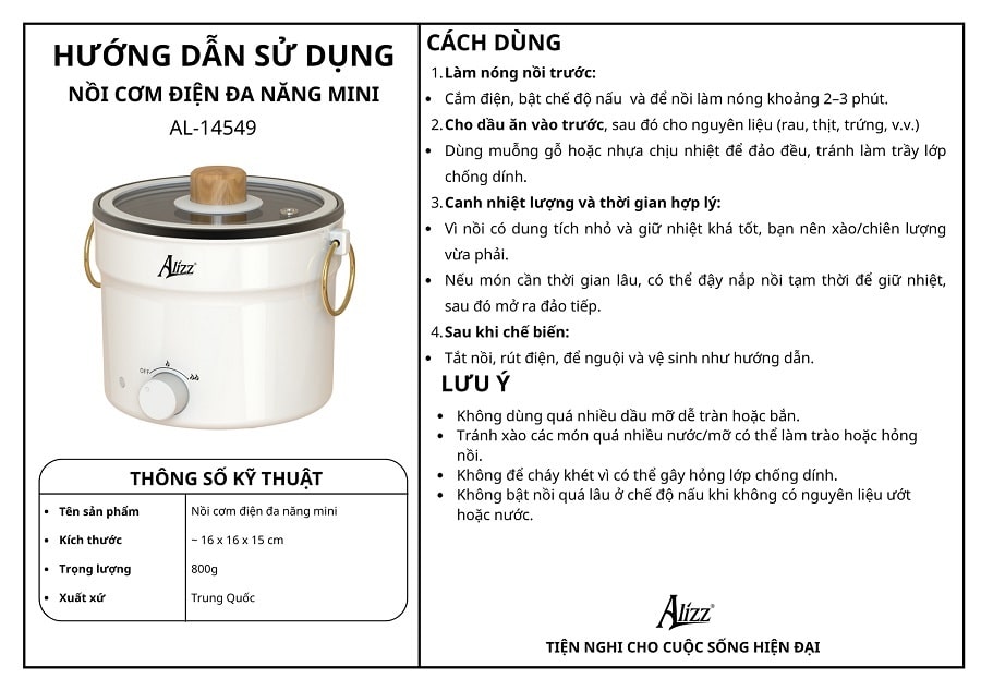 Nồi điện mini đa năng nấu luộc hấp chiên Alizz AL-14549