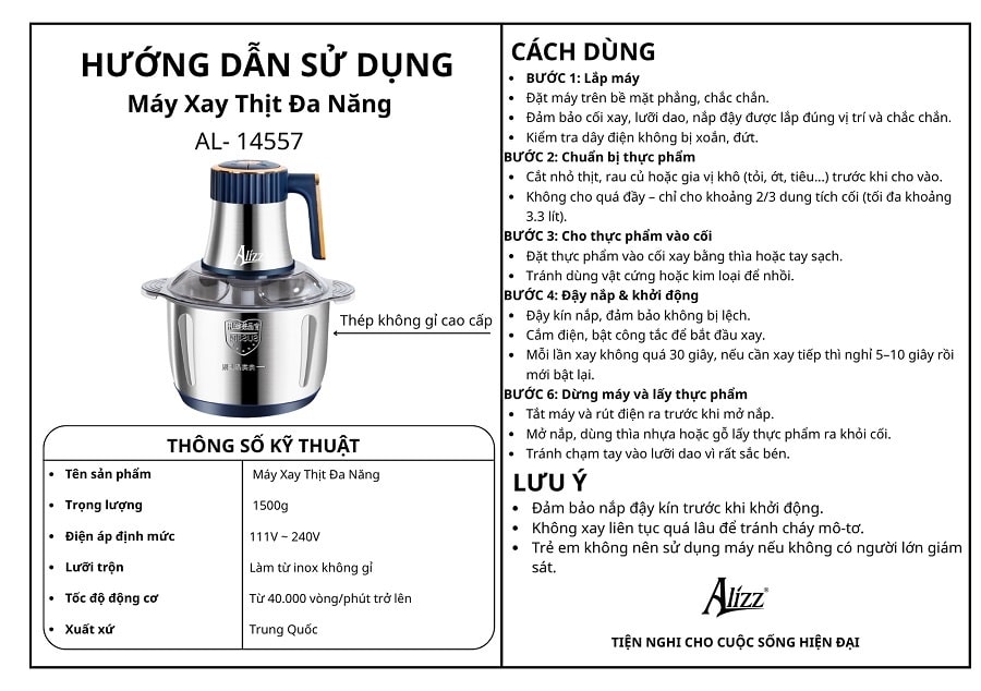 Máy xay thịt inox đa năng 5L Alizz AL-14557