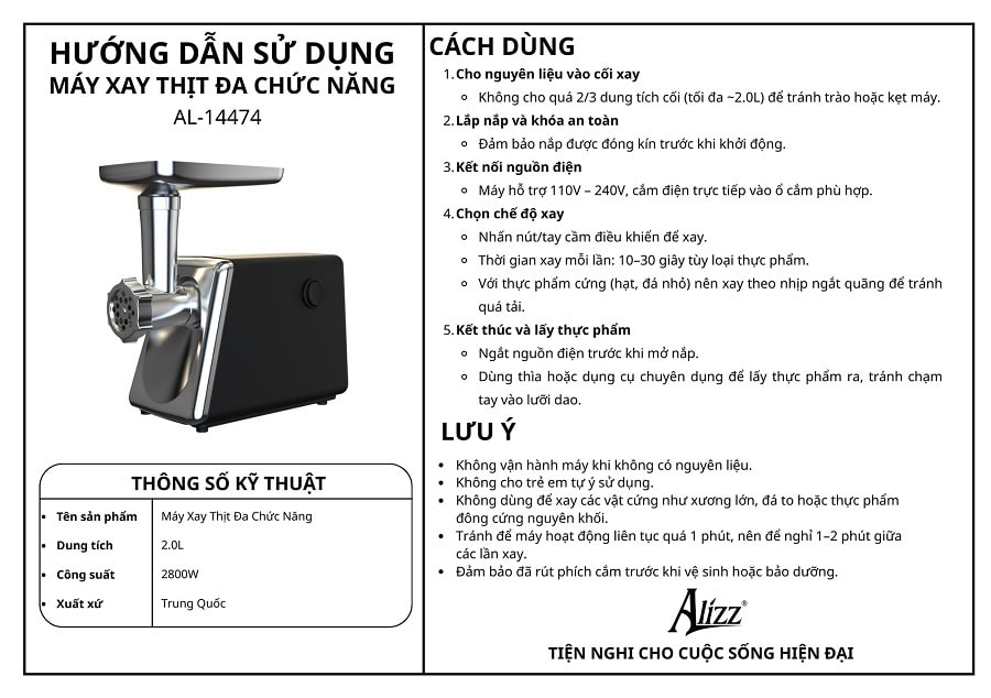 Máy xay thực phẩm gia dụng Alizz AL-14474