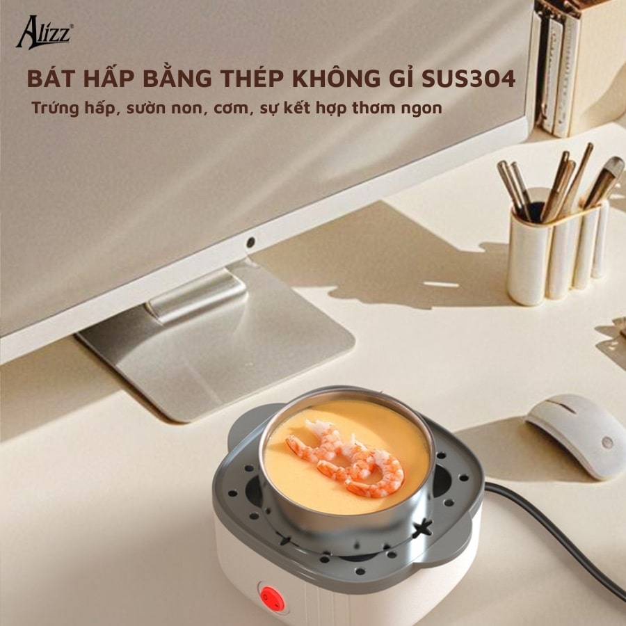 Máy hấp trứng, hấp bánh bao, hấp rau củ mini 2 tầng Alizz AL-14550
