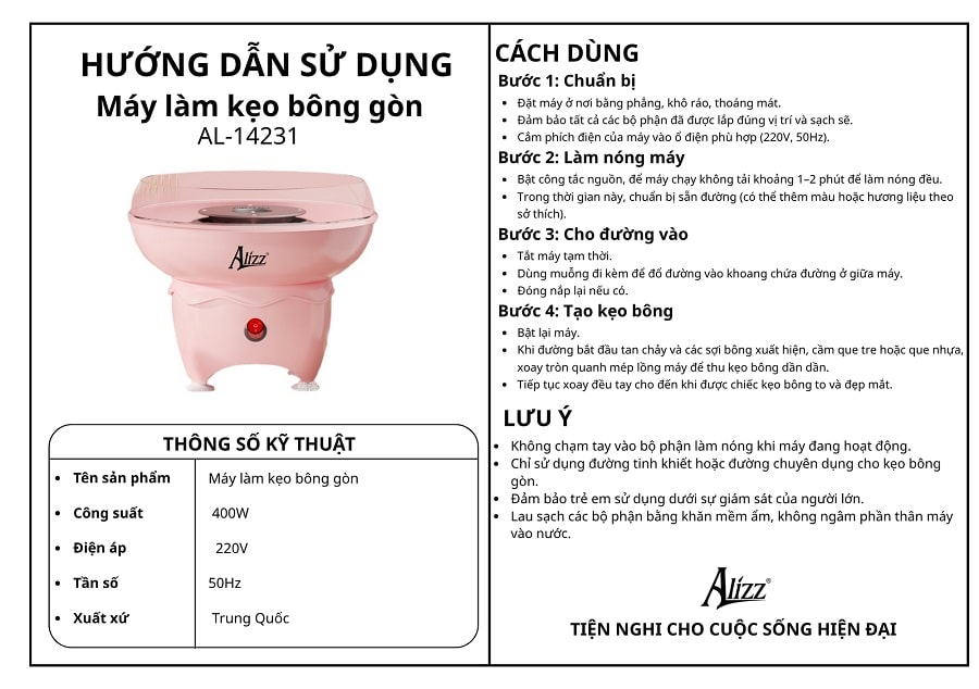 Máy làm kẹo bông gòn mini gia đình Alizz AL-14231
